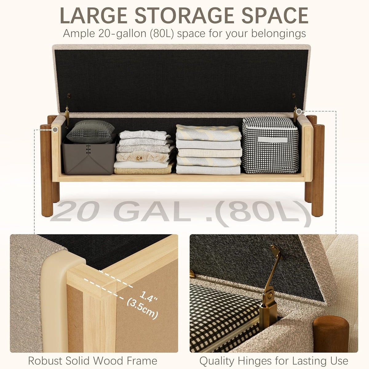 Modern Storage Benches with Walnut Wood Legs, 47'' Ottoman Bench with 20 Gallons Storage Space for