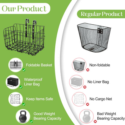 Aodaer Bike Basket with Removable Liner Bag Cargo Net Large Folding Bike Basket Quick Release Metal