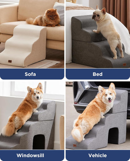 Beige Curved Dog Stairs Ramp for Small Dogs & Cats 17" H, 3-Step Dog Steps for Couch Sofa and