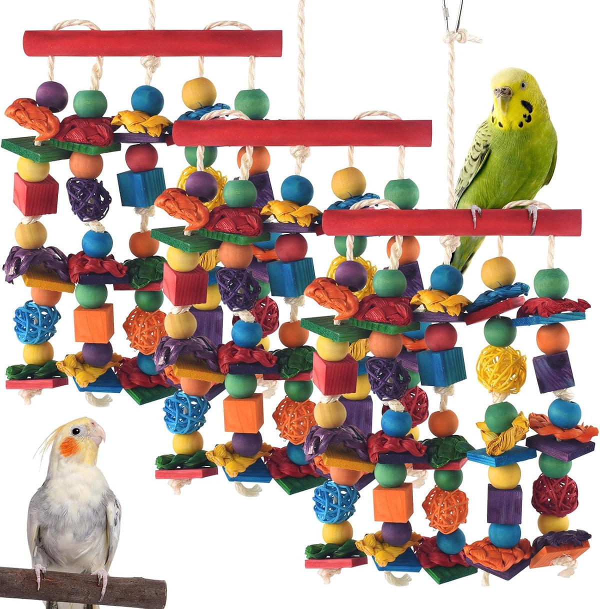 Bird Toys, 3PCS Parrot Foraging Hanging Toy, Multicolored Natural Wooden Blocks Parakeet Chewing