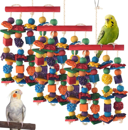 Bird Toys, 3PCS Parrot Foraging Hanging Toy, Multicolored Natural Wooden Blocks Parakeet Chewing