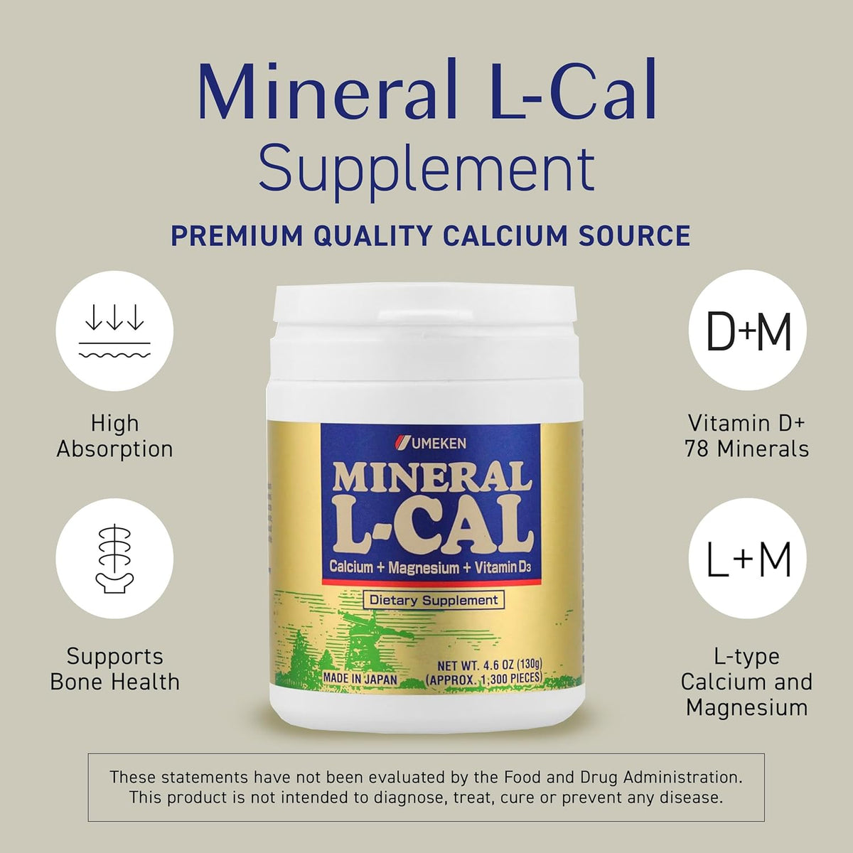 Umeken Mineral L-Cal Calcium with Vitamin D3, 2 Month Supply, Water Soluble Ball Format with
