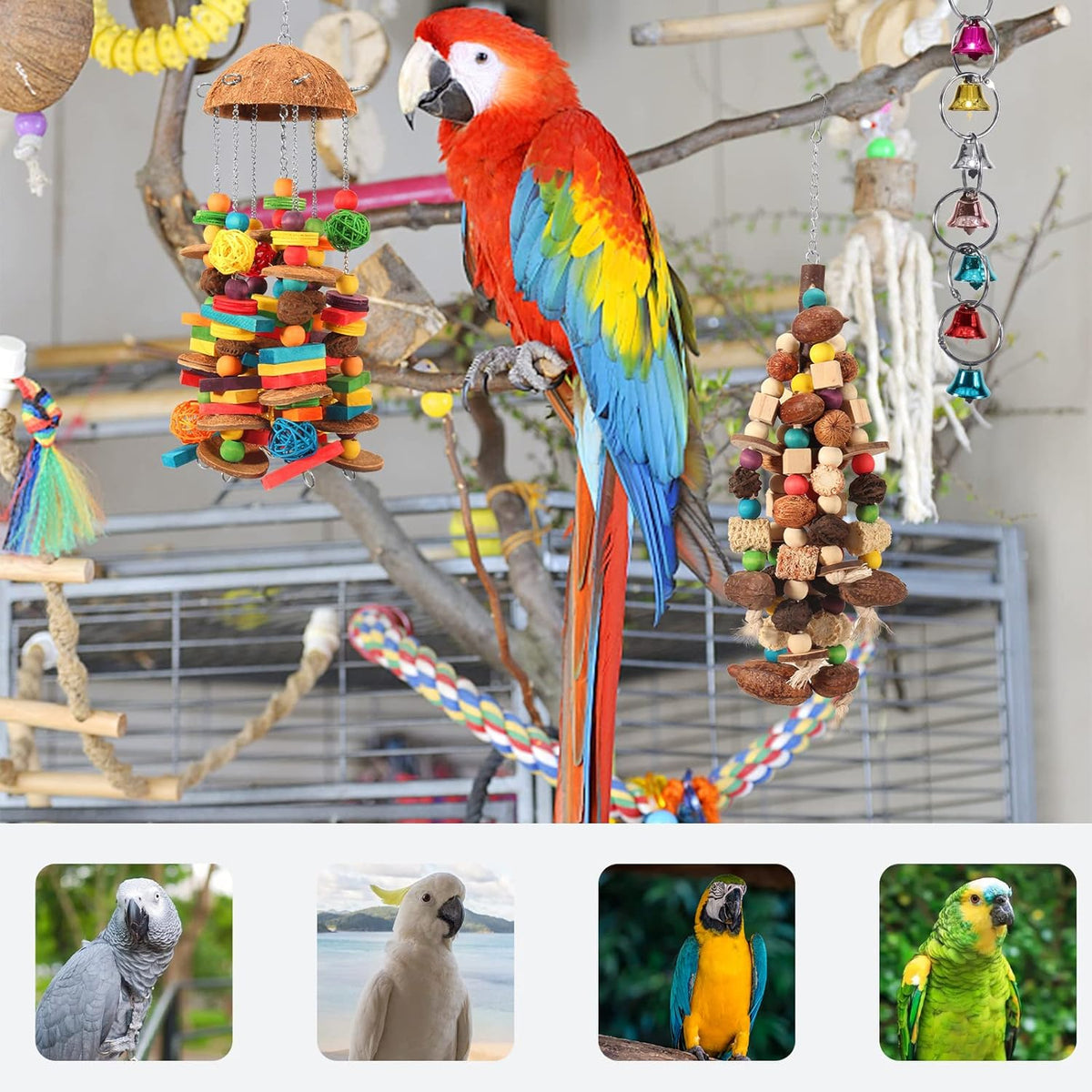 Bird Parrot Toys Natural Large Parrot Blocks Toy Colorful Bird Chewing Toys with Bells for Macaw