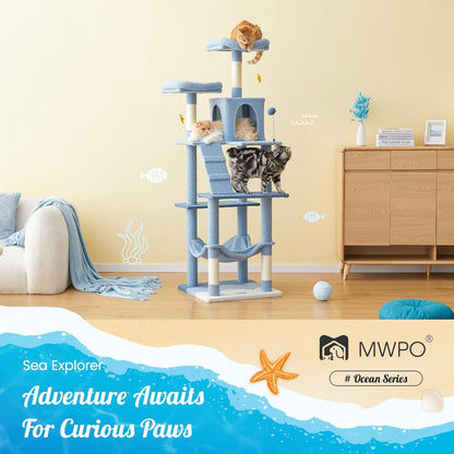 MWPO Ocean-Themed Cat Tree, 70.1-Inch Multi-Level Tall Tower for Indoor Cats, Plush Cat Condo with