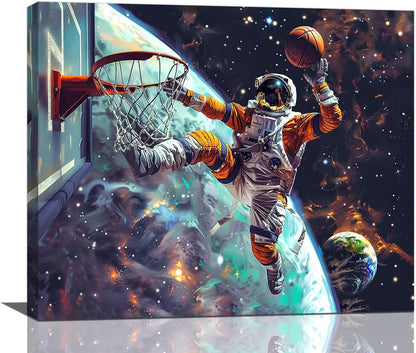 Quorin Astronaut Wall Art Funny Spaceman Basketball Pictures Space Galaxy Planet Wall Decor Canvas