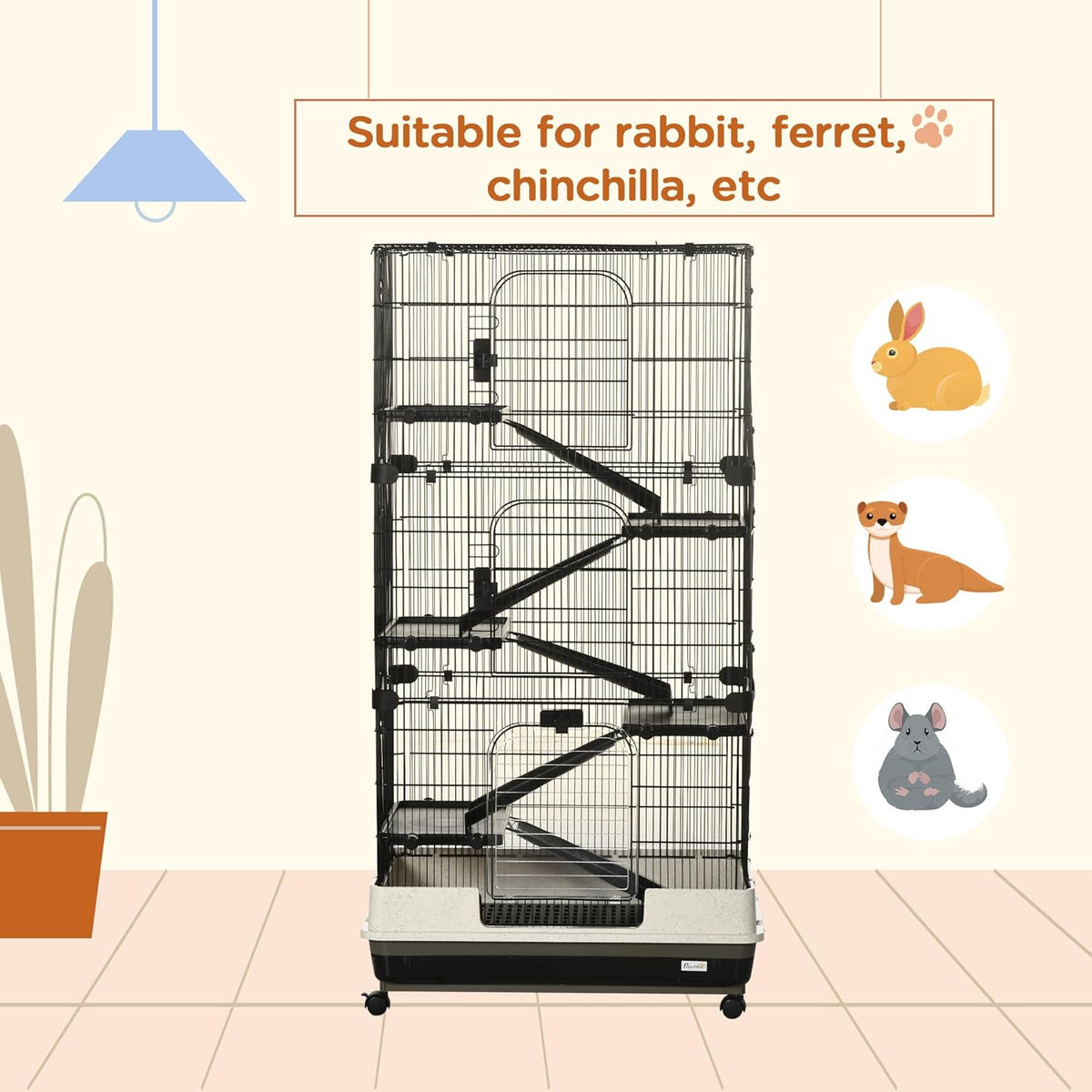 PawHut 59.5" Small Animal Cage with Wheels, 6-Level Portable Bunny Cage, Chinchilla Ferret Cage