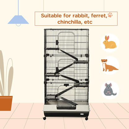 PawHut 59.5" Small Animal Cage with Wheels, 6-Level Portable Bunny Cage, Chinchilla Ferret Cage