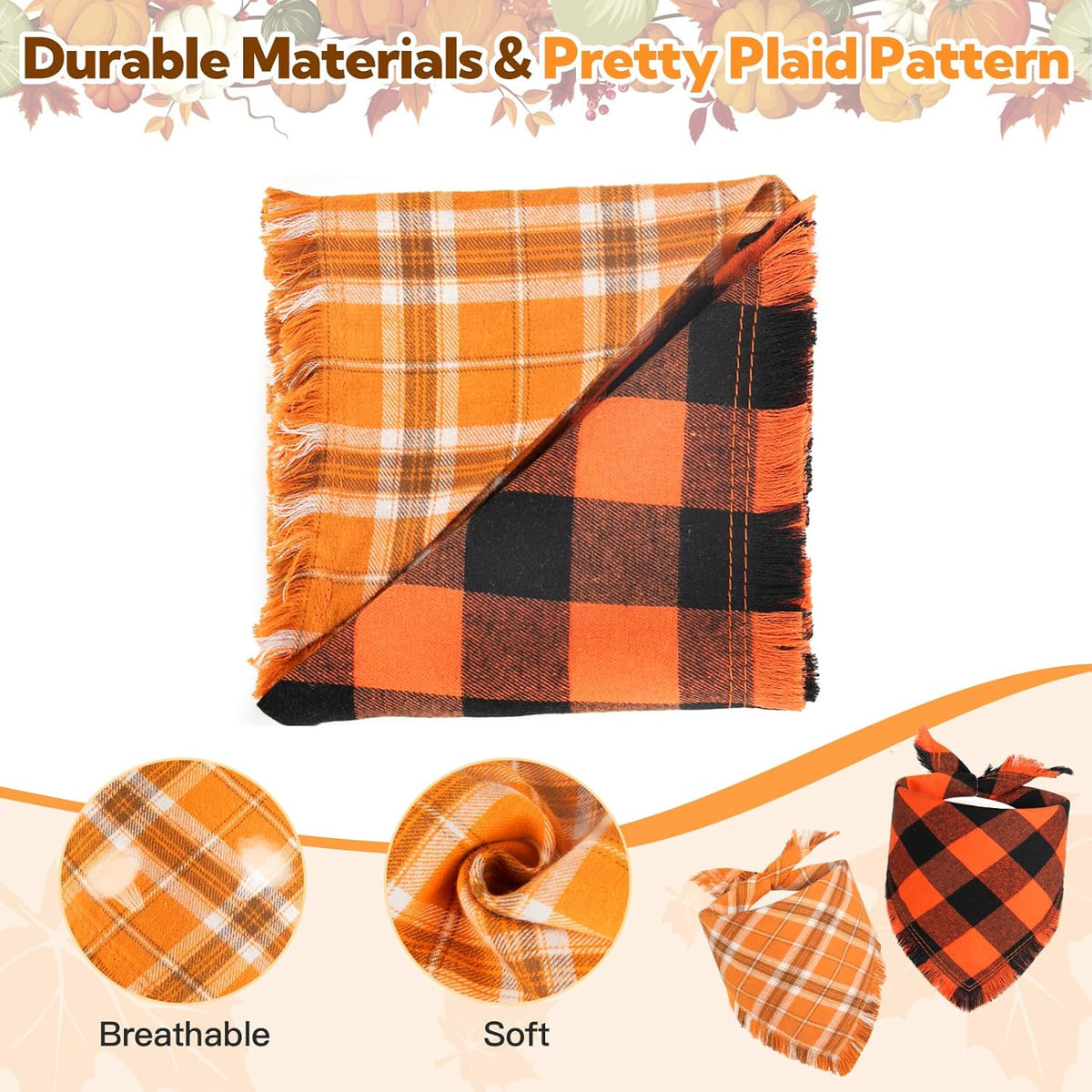 Kytely Fall Dog Bandana, 2Pack Halloween Dog Bandanas, Thanksgiving Classic Plaid Pet Scarf with