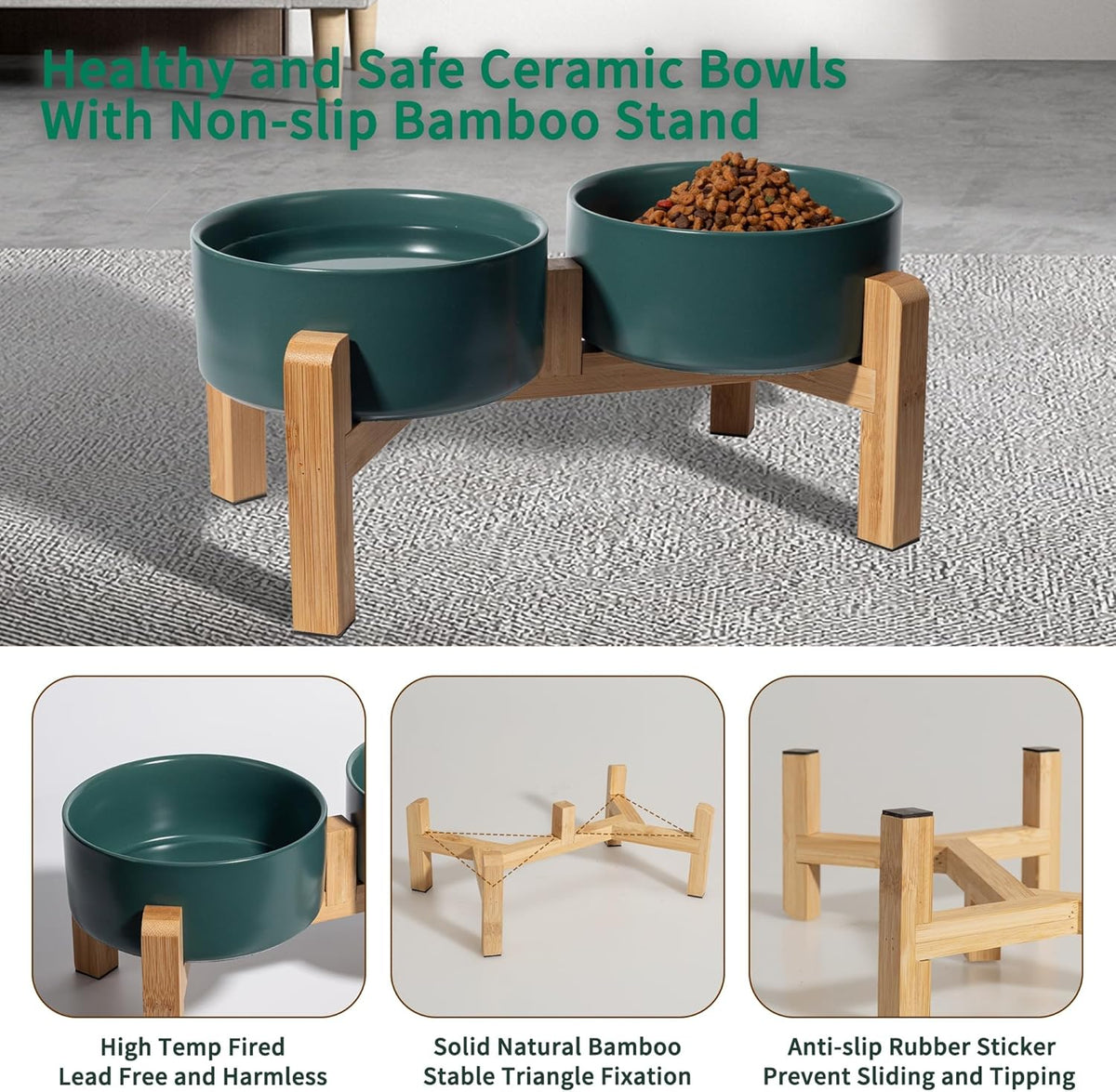 Elevated Ceramic Dog Bowl Set - Raised Dog Bowls with Non-Slip Bamboo Stand - Dog Food and Water