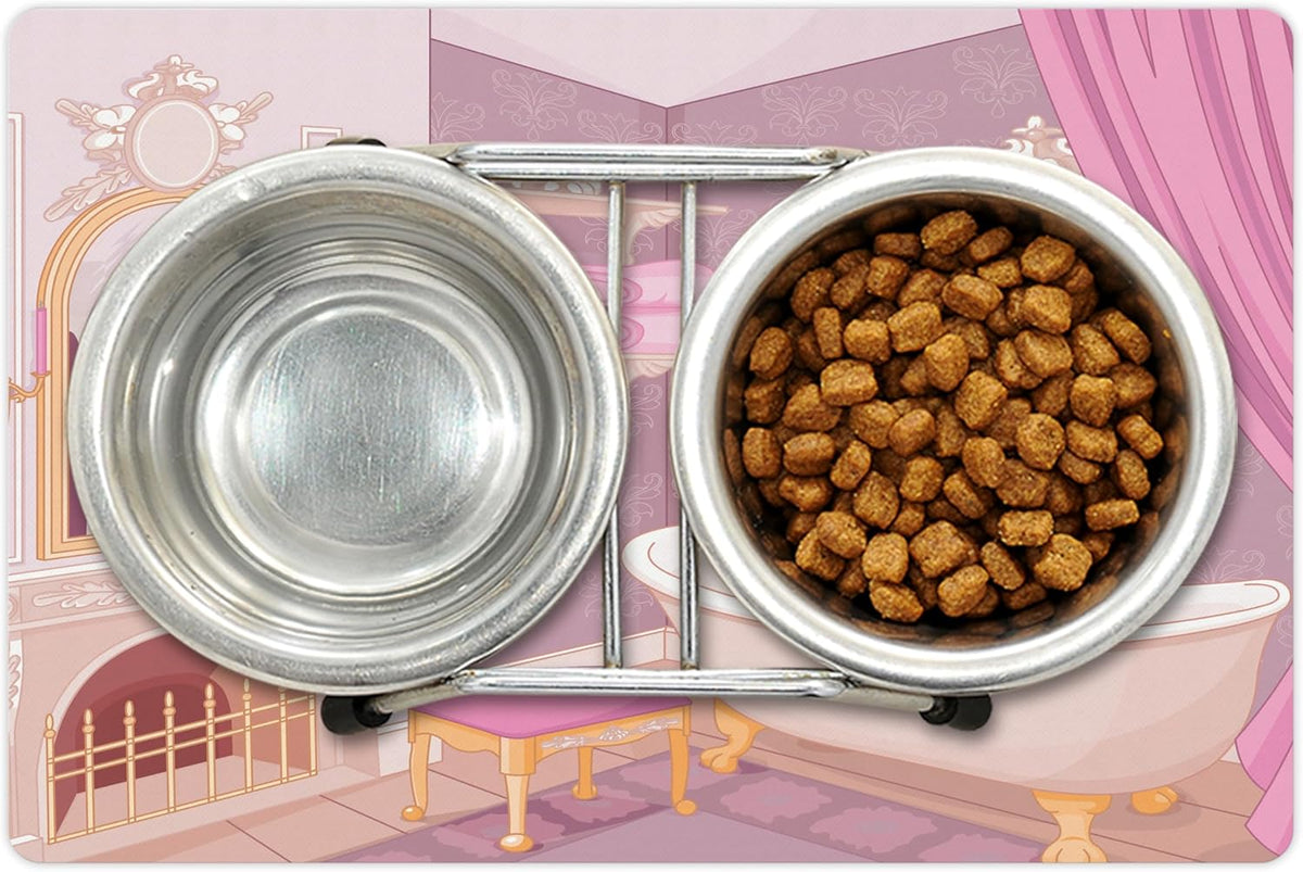 Lunarable Feminine Pet Mat for Food and Water, Design in The Palace of The Cartoon Bathtub Cabinet