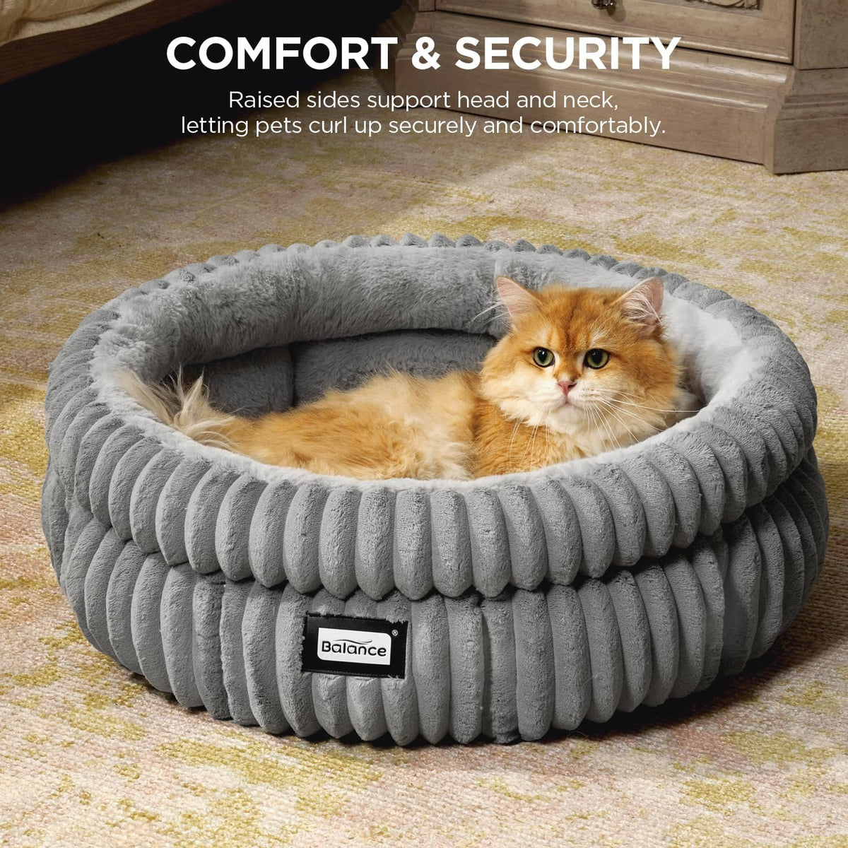 BALANCE Cat Bed Kitten Bed, Washable Round Cat Beds for Indoor Cats, Super Soft Plush Faux Fur Pet