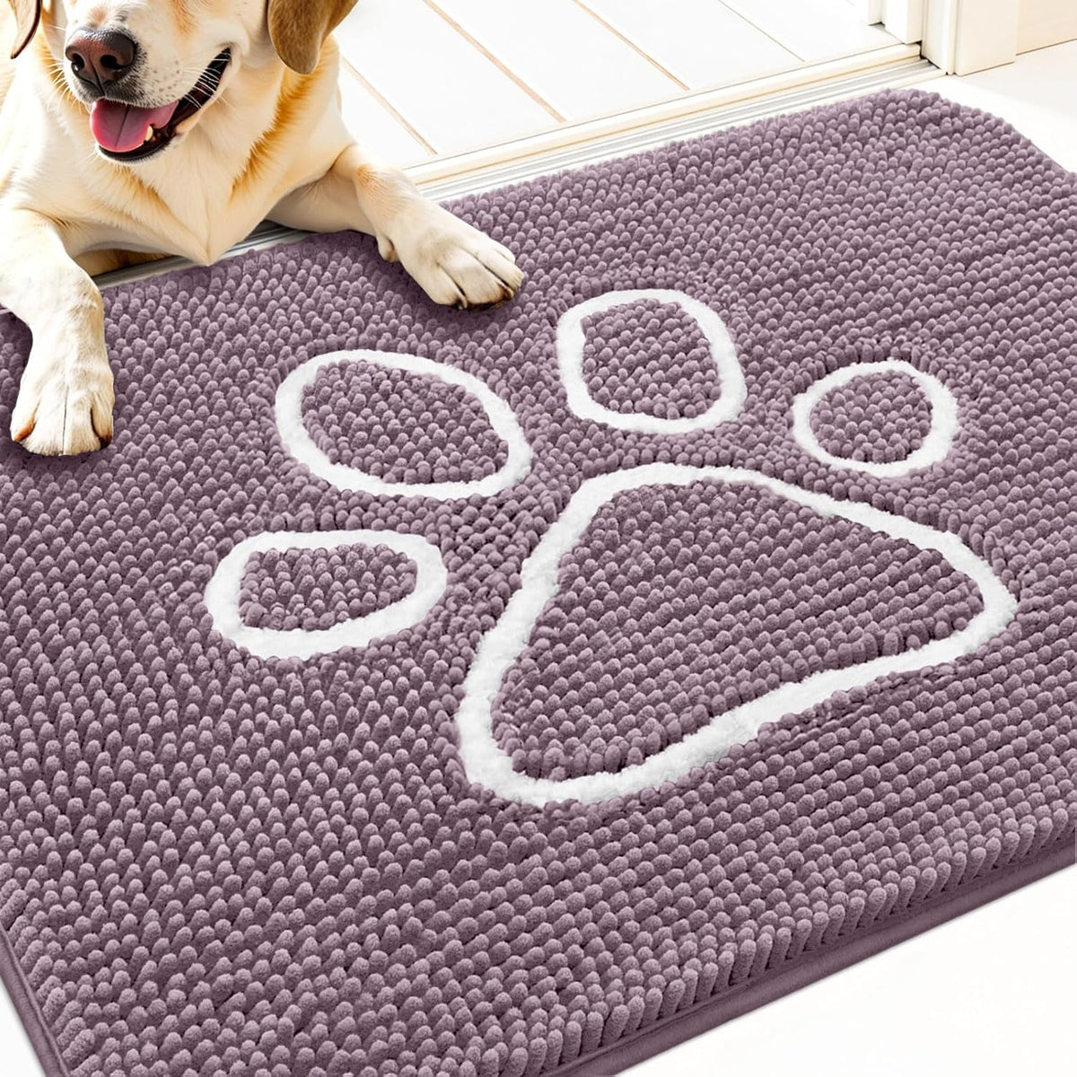 OLANLY Door Mat for Muddy Dog Paws 30x20, Absorbent Chenille Mud Doormat with Paw Print Design