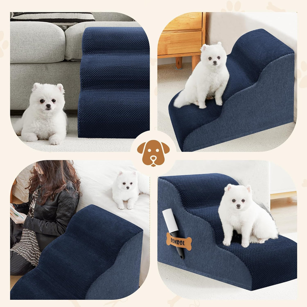 Romrol Dog Stairs Ramp for High Beds Couches, High Density Foam Pet Steps with Durable Non-Slip