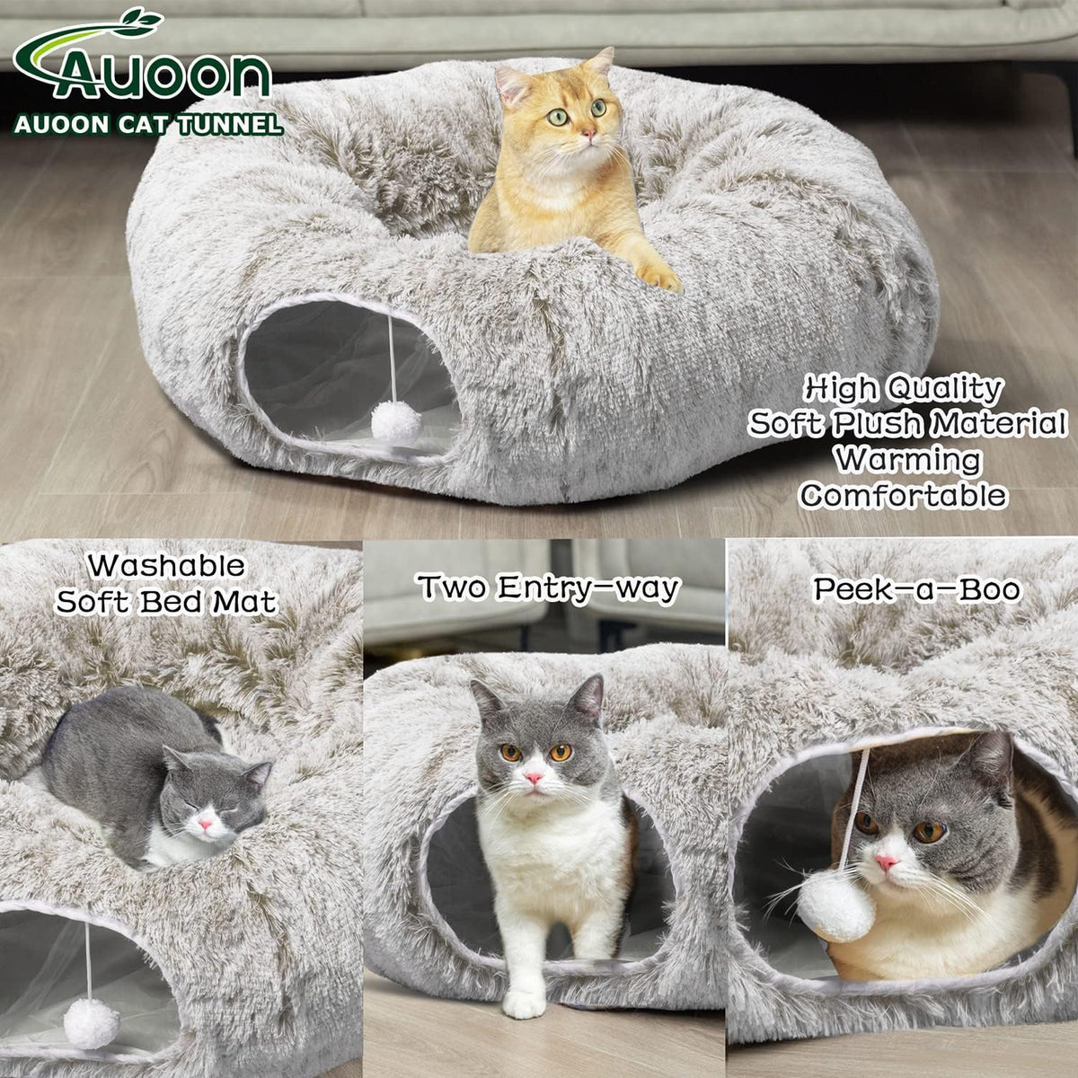AUOON Cat Tunnel Bed - Cat Donut Tunnel with Soft Plush Circle Cushion for Indoor Cats Kitten Kitty