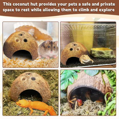 PINVNBY Natural Coconut Reptile Hideouts Lizard, Coco Hut Hermit Crab Hut Aquarium Fish Hide Cave