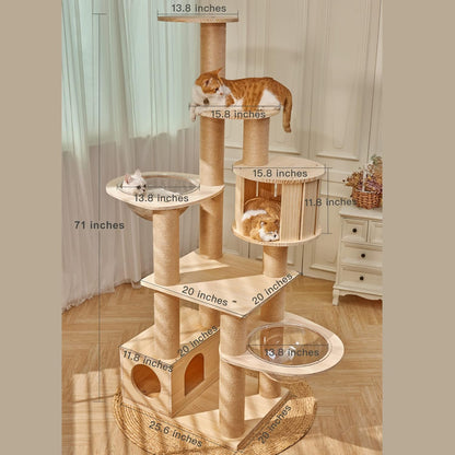 Modern Multi-Level Large Real Solid Wood Cat Tree, Luxury Wooden Cat Tower Cat Condo with