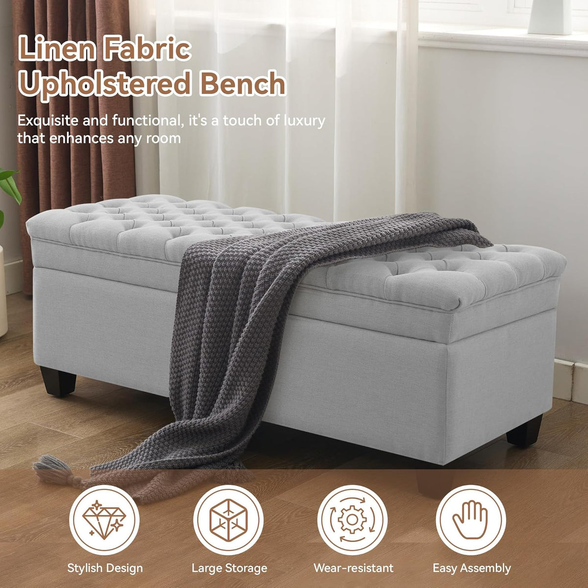 51" Fabric Storage Ottoman Bench, Upholstered Rectangle End of Bed Storage Ottoman Tufted Living