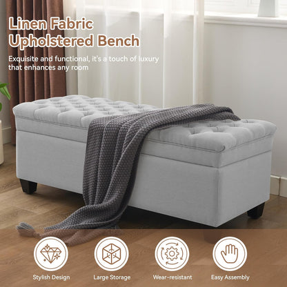51" Fabric Storage Ottoman Bench, Upholstered Rectangle End of Bed Storage Ottoman Tufted Living