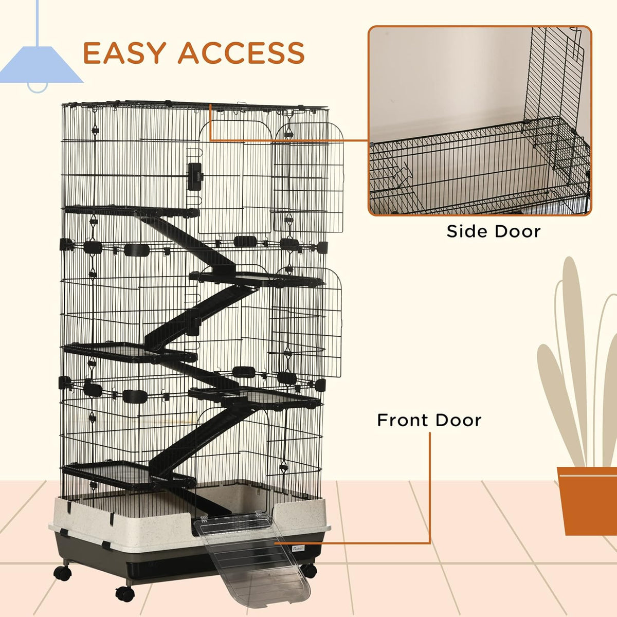PawHut 59.5" Small Animal Cage with Wheels, 6-Level Portable Bunny Cage, Chinchilla Ferret Cage