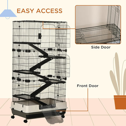 PawHut 59.5" Small Animal Cage with Wheels, 6-Level Portable Bunny Cage, Chinchilla Ferret Cage