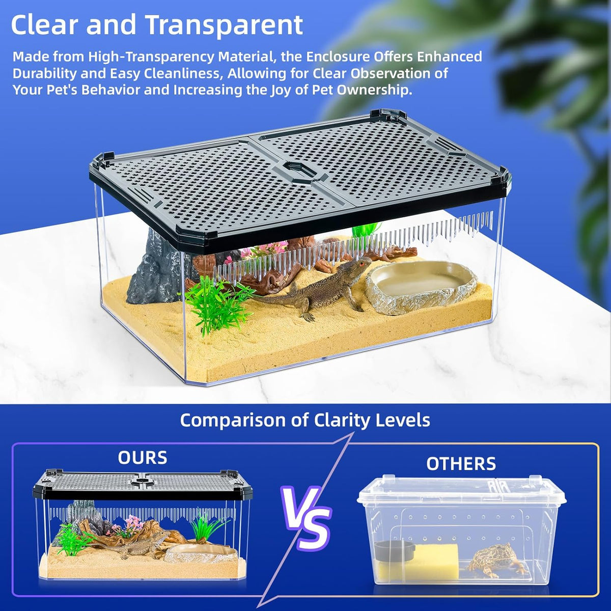 High-Transparency Reptile & Insect Enclosure Terrarium with Magnetic Door, Excellent Ventilation