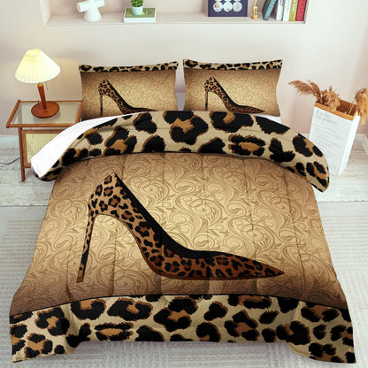 Leopard Comforter Set King Girls,Sexy High Heel Comforter for Women,Leopard Print Bedding Set King