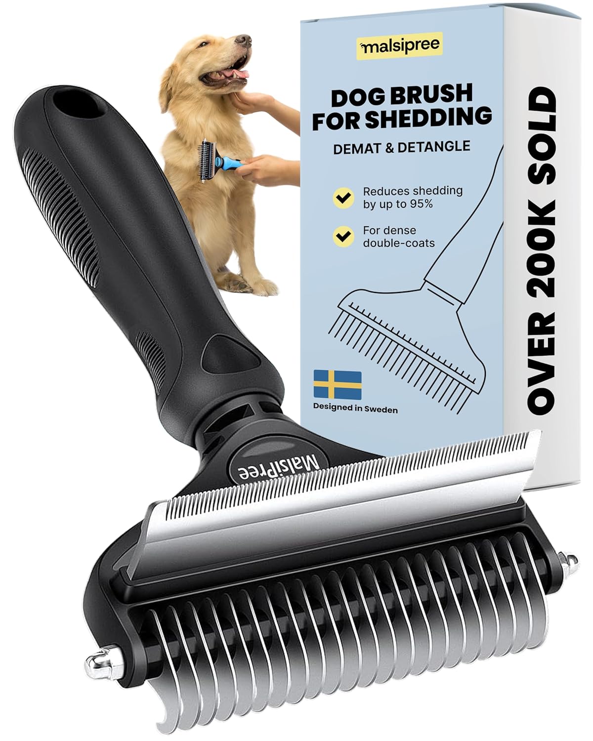 MalsiPree Dog Brush - Large, Black - 2-in-1 Undercoat Rake & Dematting Rake - Shedding Brush &