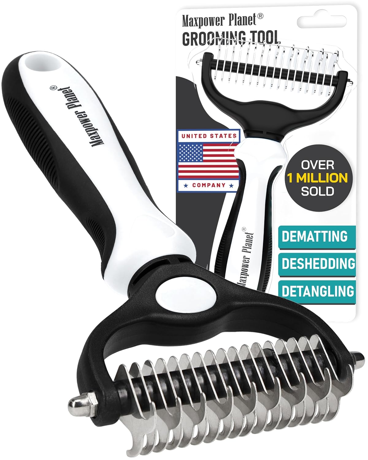 Maxpower Planet Pet Grooming Brush - Double-Sided Undercoat Rake for Dogs and Cats, Extra Wide