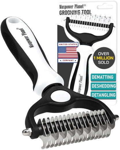 Maxpower Planet Pet Grooming Brush - Double-Sided Undercoat Rake for Dogs and Cats, Extra Wide
