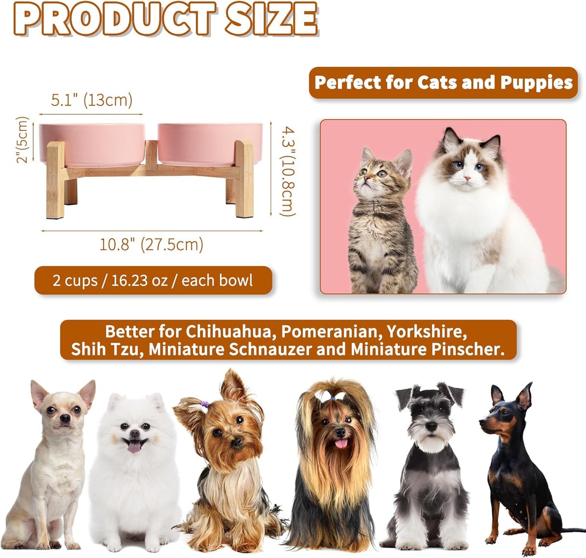 Elevated Ceramic Dog Bowl Set - Raised Feeding Bowls with Non-Slip Bamboo Stand - Small Pet Dishes