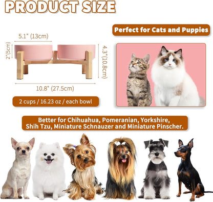 Elevated Ceramic Dog Bowl Set - Raised Feeding Bowls with Non-Slip Bamboo Stand - Small Pet Dishes