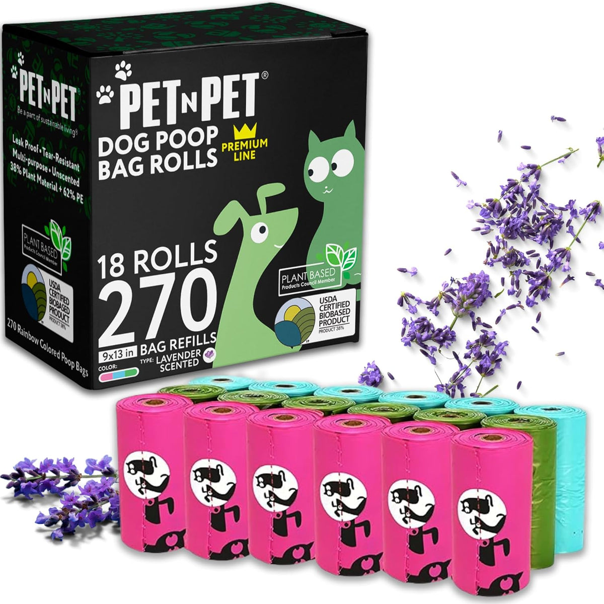 Pet N Pet 270 Counts Lavender Scented, Colorful Poop Bags for Dogs, 38% Plant Based & 62% PE Dog