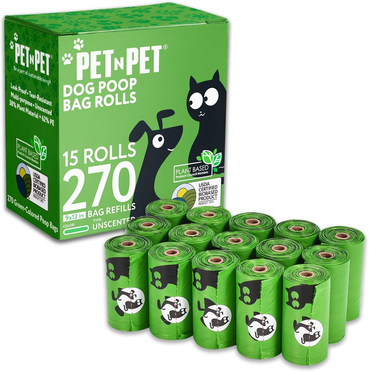 Pet N Pet 270 Counts Green Poop Bags for Dogs, 38% Plant Based & 62% PE Extra Thick Dog Poop Bags
