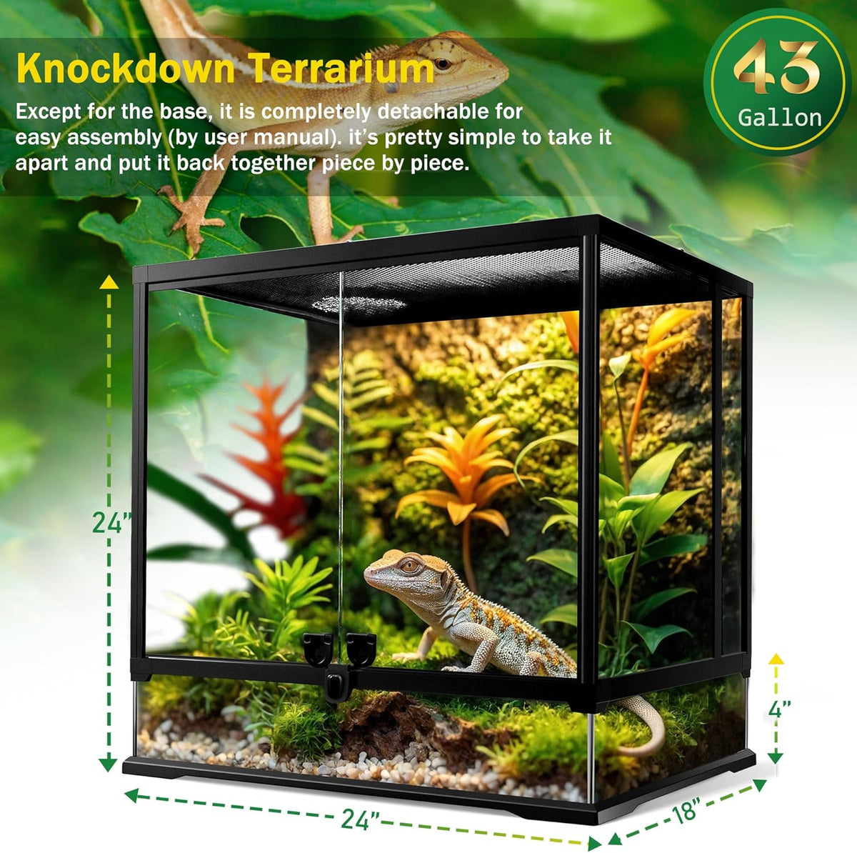 43 Gallon Professional Glass Terrarium 24"x18"x24" Durable Reptile Habitat Tank with Heat Resistant