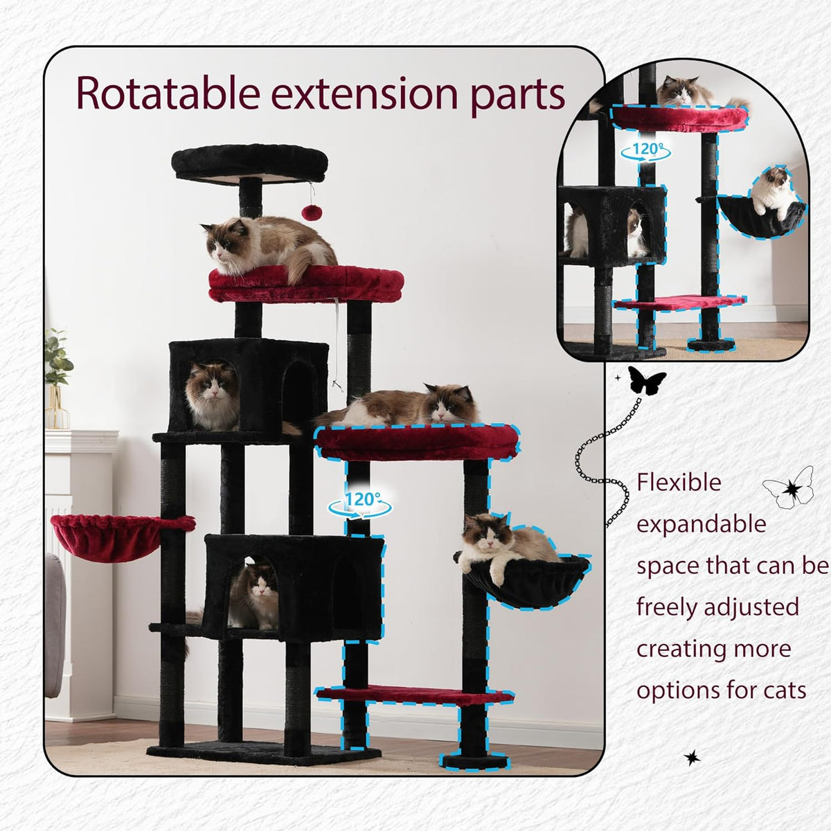 Hey-brother Cat Tree Tower, Scratching Posts with a Extended Part, Wide Platforms, Cozy Condos
