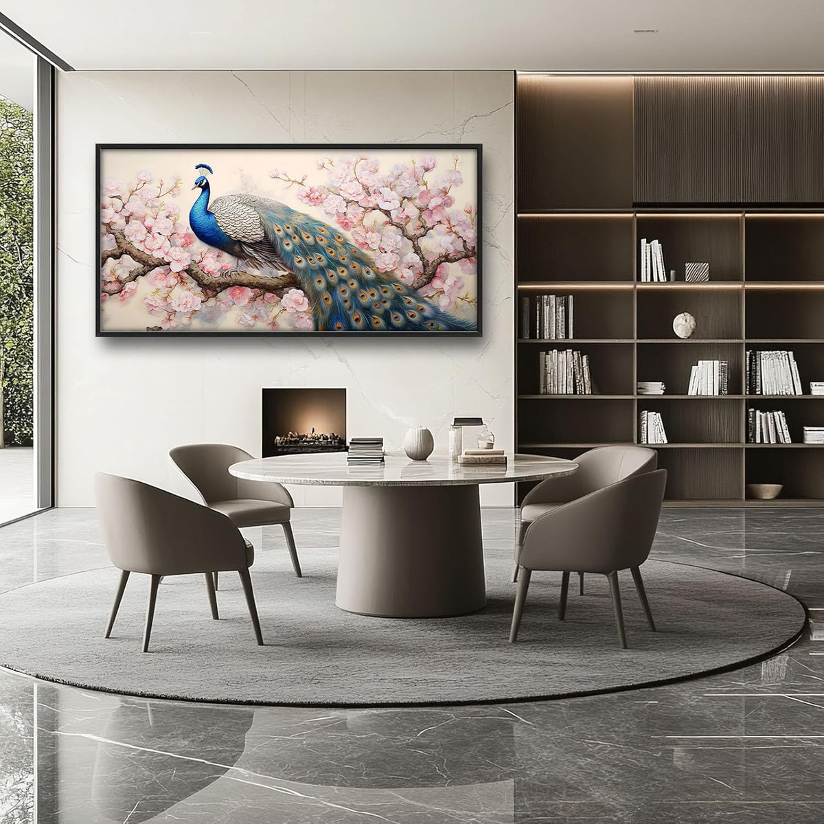 Quorin Peacock Large Wall Art Elegant Peacock Pictures Wall Decor Pink Flower Tree Canvas Print