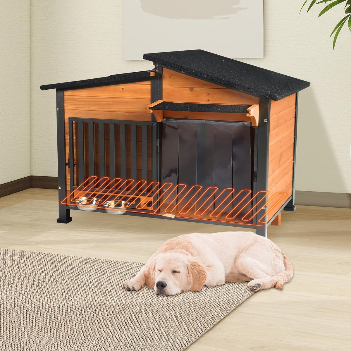 Chew-Resistant Dog House with Metal Frame, Wooden Kennel for Indoor & Outdoor Use, Waterproof Roof