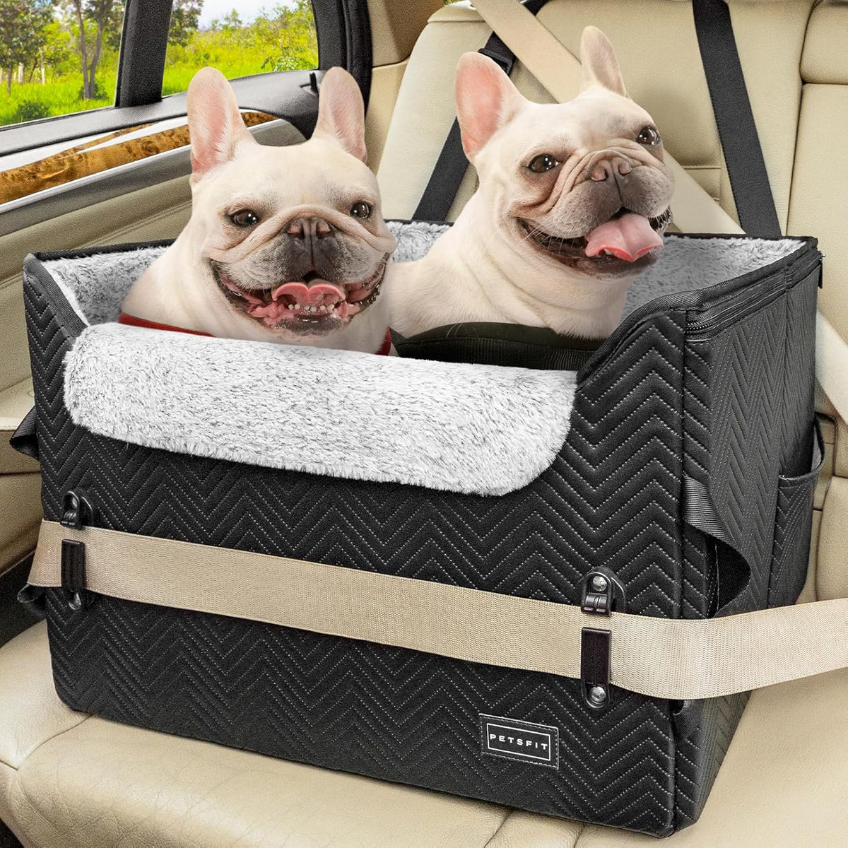 PETSFIT Dog Car Seat Medium Sized Dog, Waterproof PU Leather Dog Seat for Car with Patented Safe