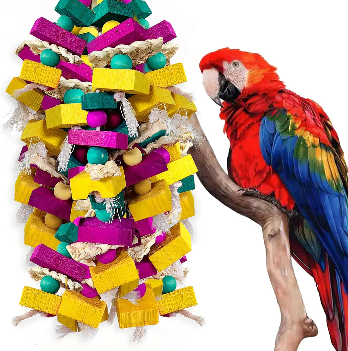 Large Bird Toys, Multi-Color Wooden Block with Bamboo Support Bird Chewing Toy Parrot Cage Bite Toy