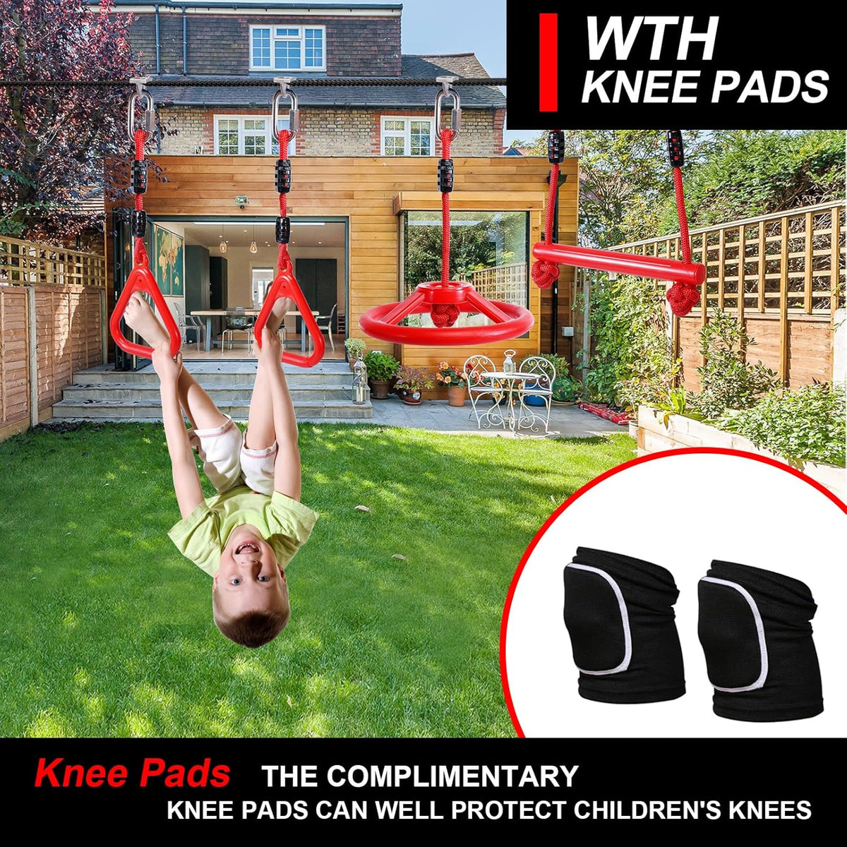 Ninja Warrior Obstacle Course for Kids Backyard with A Pair of Knee Pads, 60’ Ninja Slackline and