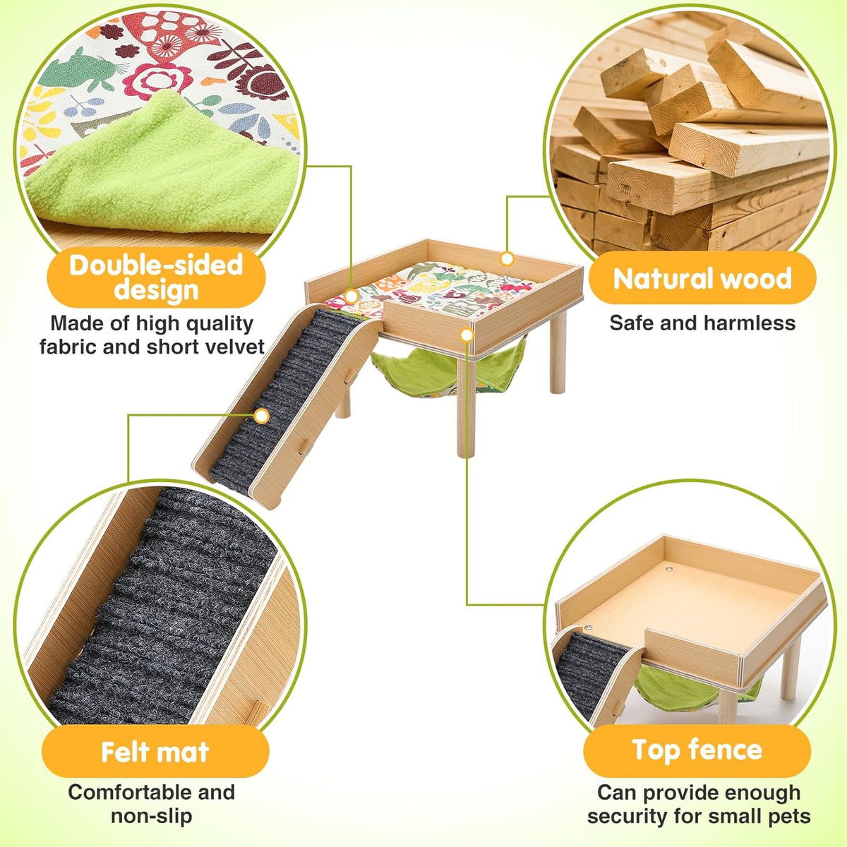 Guinea Pigs Hammock with Platform, Safe Wooden Guinea Pig Hideout with Stairs, Durable Small Pet