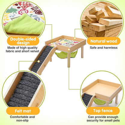 Guinea Pigs Hammock with Platform, Safe Wooden Guinea Pig Hideout with Stairs, Durable Small Pet