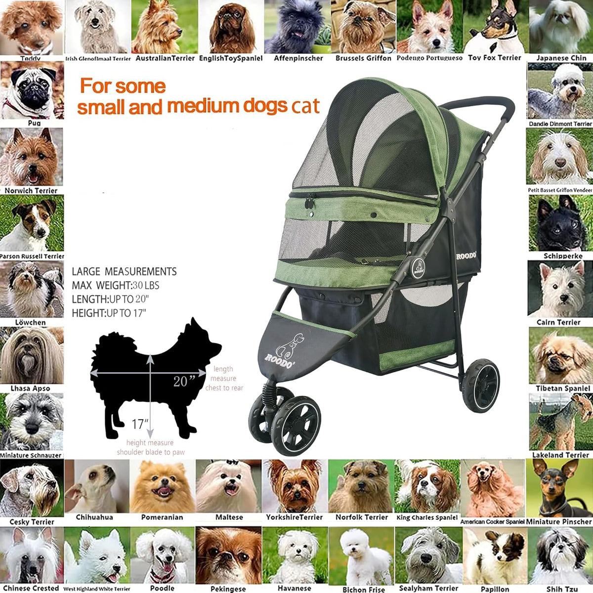 ROODO 3 Wheel Pet Stroller Best Lightweight Foldable Compact Portable Jogger All Terrain Travel Pet