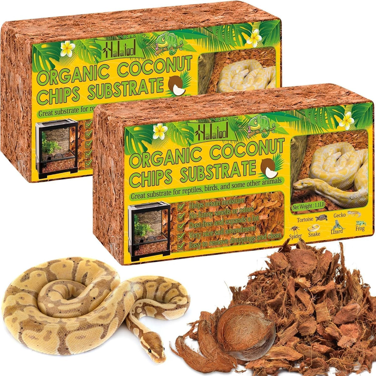 Halatool 2Pack Snake Bedding Natural Coconut Chips Substrate 2.2LB Coconut Husk for Reptiles Tank