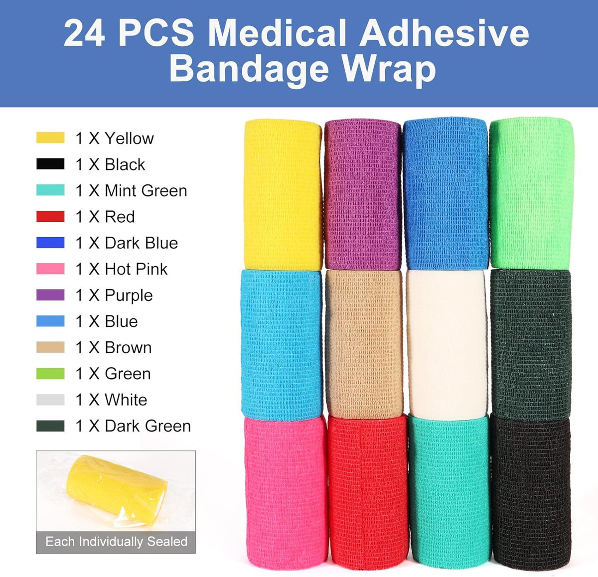 LDIWEE 24 Pack Self Adhesive Bandage Wrap 4 inch, Elastic Cohesive Bandage Wrap Vet Wrap for Dogs