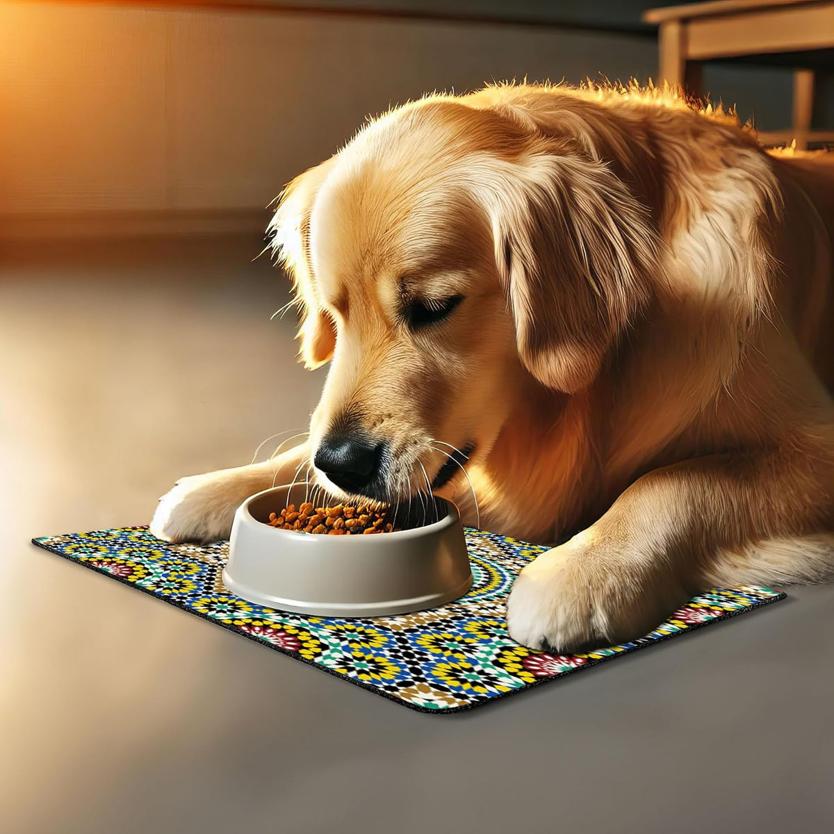 Lunarable Moroccan Pet Mat for Food and Water, Architectural Glaze Wall Tile Ceramic Historical