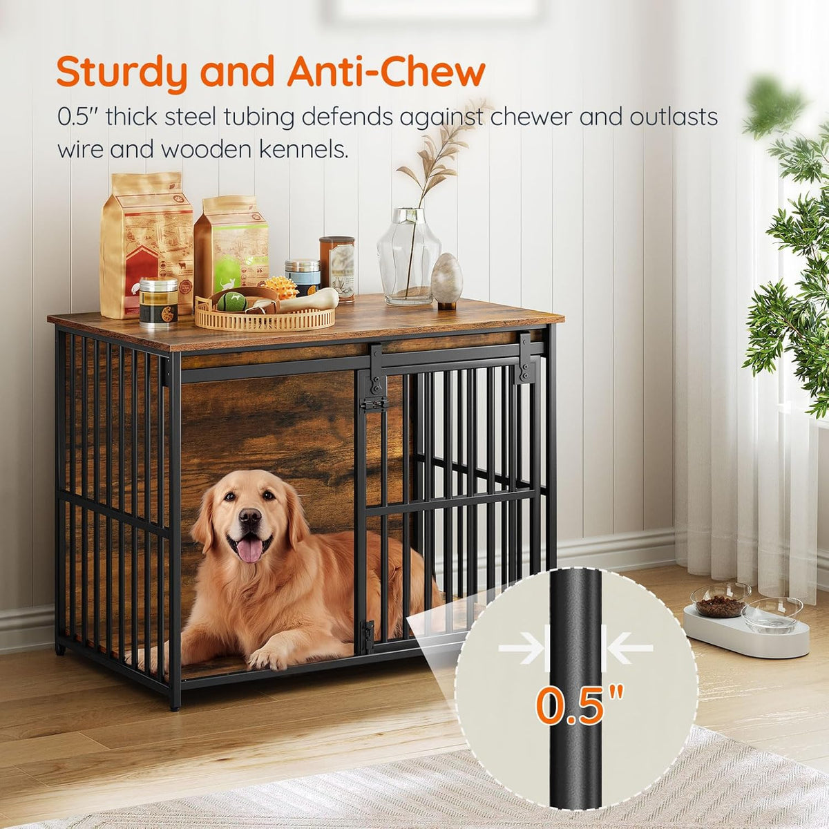 HOOBRO Dog Crate Furniture, 36.6" Heavy Duty Dog Kennel with Sliding Barn Door, Wooden Dog Cage