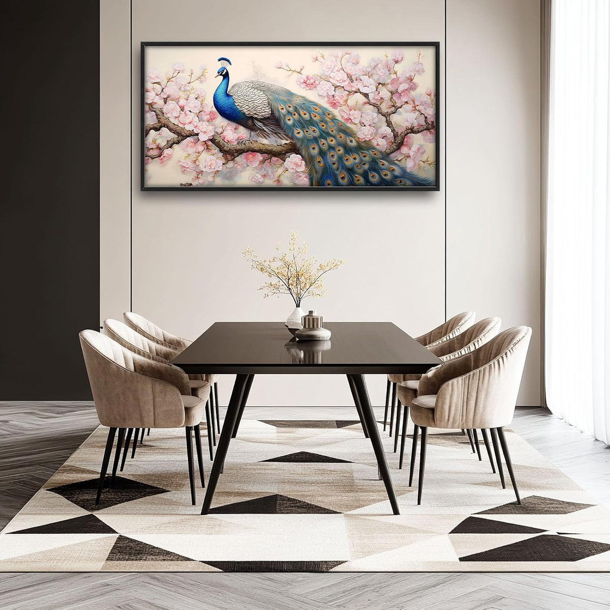 Quorin Peacock Large Wall Art Elegant Peacock Pictures Wall Decor Pink Flower Tree Canvas Print