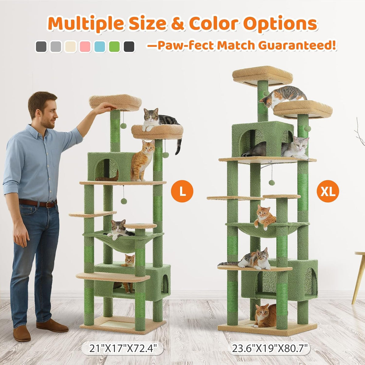 PAWZ Road Heavy Duty Cat Tree for Large Cats, 81 Inches Cactus Tall Cat Tower with 2 Perches, 2