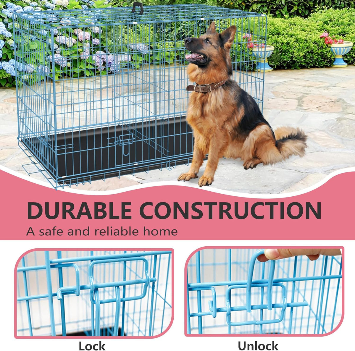FDW Dog Crate for Large Dogs 48 Inch Folding Metal WirePet Cage Double Door W/Divider Panel Indoor